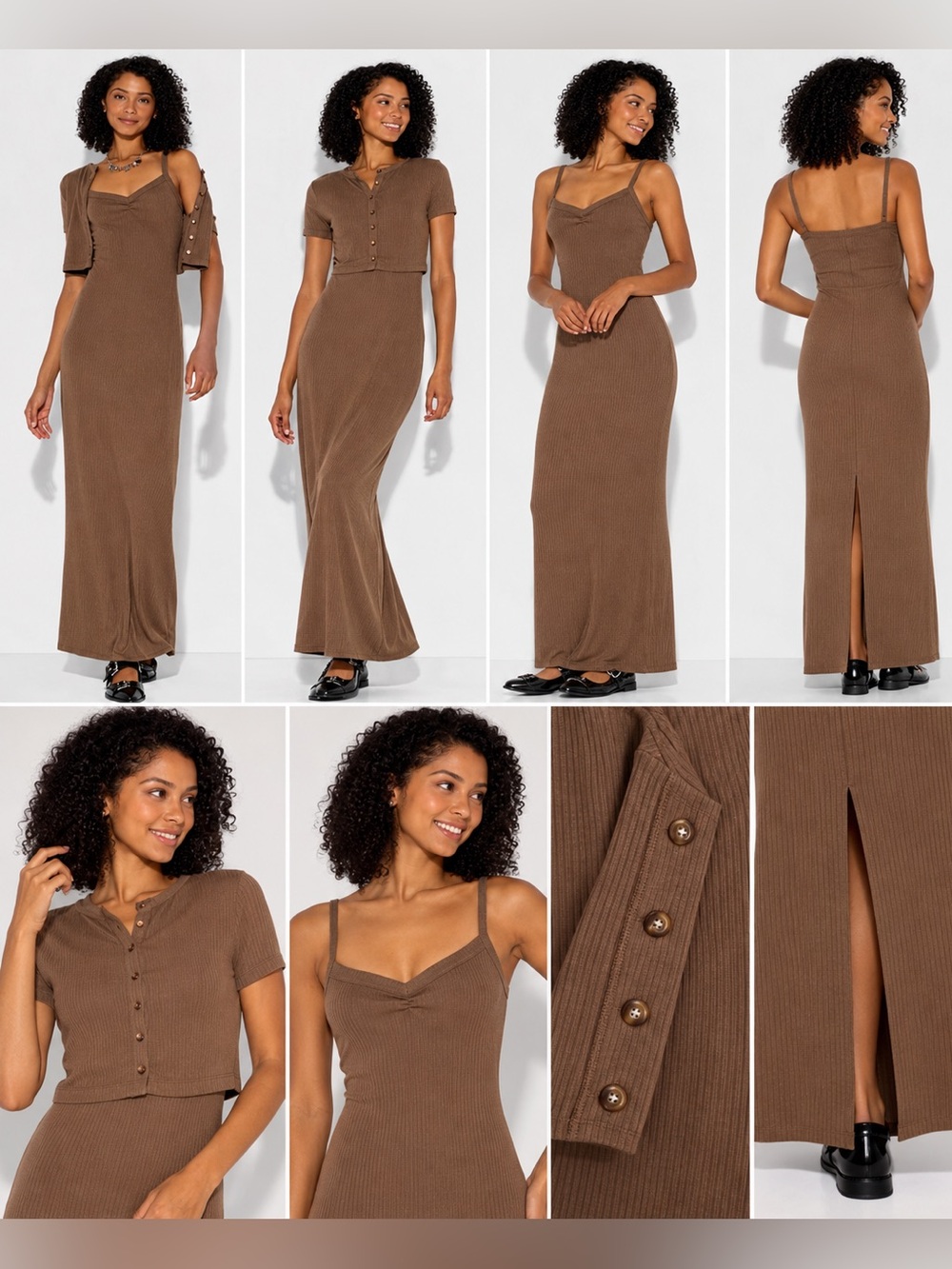 Wild Fable 2 Piece Brown Ribbed Maxi Dress & Cardigan Set L NWT